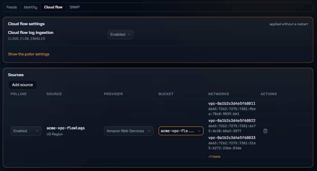 The Cloud flow tab of Administration: log ingestion enabled, and one source configured beneath it - an Amazon Web Services VPC flow log bucket for the US region, polling - with the VPC networks found inside it listed alongside, each by its own id.